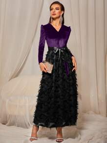 Velvet Belted Fuzzy A-line Dress - Multicolor - View 1