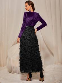 Velvet Belted Fuzzy A-line Dress - Multicolor - View 2