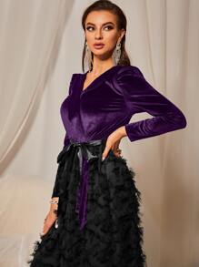 Velvet Belted Fuzzy A-line Dress - Multicolor - View 3