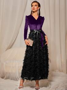 Velvet Belted Fuzzy A-line Dress - Multicolor - View 4
