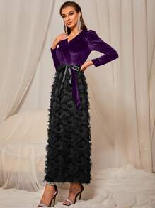 Velvet Belted Fuzzy A-line Dress - Multicolor - View 5
