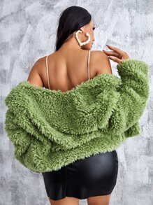 SHEIN Open Front Fuzzy Coat - Lime Green - View 2