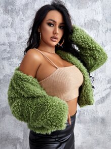 SHEIN Open Front Fuzzy Coat - Lime Green - View 3