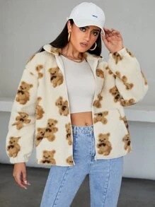 SHEIN 小熊印花落肩袖絨毛外套 - 彩色 - 查看 1