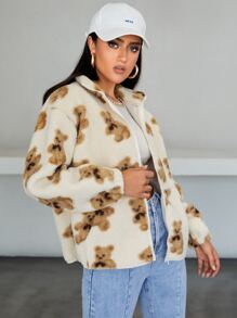 SHEIN 小熊印花落肩袖絨毛外套 - 彩色 - 查看 3