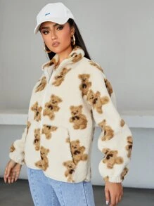 SHEIN 小熊印花落肩袖絨毛外套 - 彩色 - 查看 4