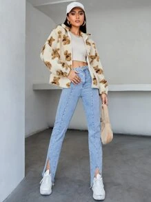 SHEIN 小熊印花落肩袖絨毛外套 - 彩色 - 查看 5