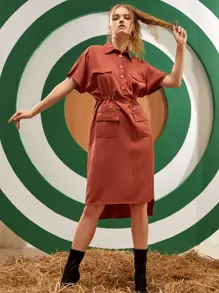 KIMBLE Batwing Sleeve Drawstring Waist High Low Hem Dress - Burnt Orange - View 1