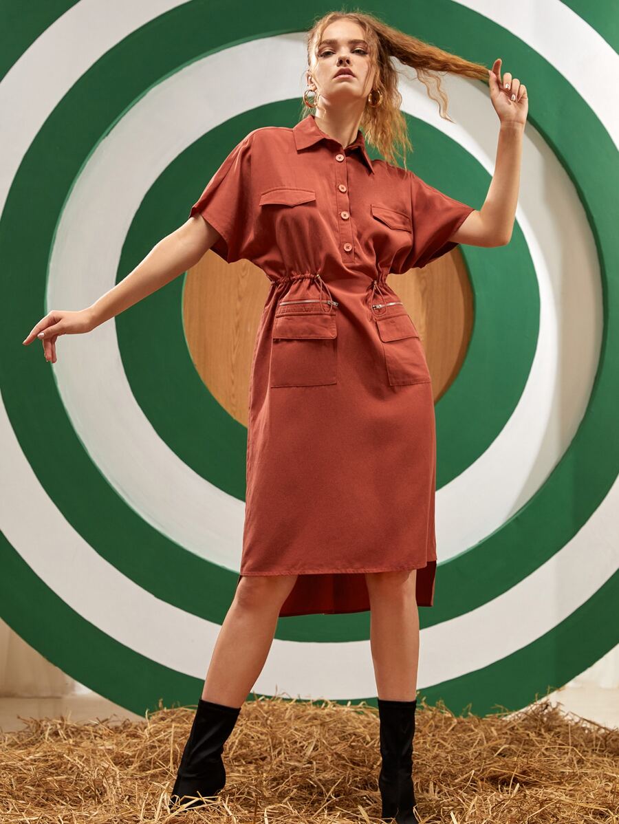 KIMBLE Batwing Sleeve Drawstring Waist High Low Hem Dress - Burnt Orange - View 1