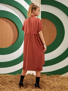 KIMBLE Batwing Sleeve Drawstring Waist High Low Hem Dress - Burnt Orange - View 2