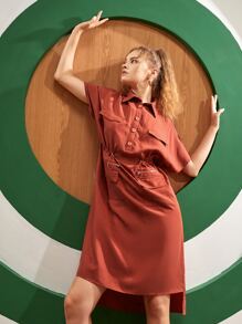 KIMBLE Batwing Sleeve Drawstring Waist High Low Hem Dress - Burnt Orange - View 4