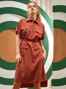 KIMBLE Batwing Sleeve Drawstring Waist High Low Hem Dress - Burnt Orange - View 5