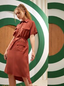 KIMBLE Batwing Sleeve Drawstring Waist High Low Hem Dress - Burnt Orange - View 6