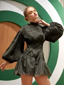 LINAOTH Vestido de manga farol bajo con fruncido - Verde militar - Ver 3