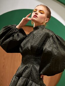 LINAOTH Vestido de manga farol bajo con fruncido - Verde militar - Ver 6