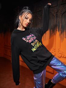 Mako Fufu Drop Shoulder Letter Pattern Kangaroo Pocket Drawstring Hoodie - Black - View 1