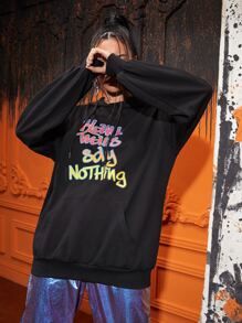 Mako Fufu Drop Shoulder Letter Pattern Kangaroo Pocket Drawstring Hoodie - Black - View 5