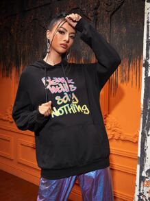 Mako Fufu Drop Shoulder Letter Pattern Kangaroo Pocket Drawstring Hoodie - Black - View 6