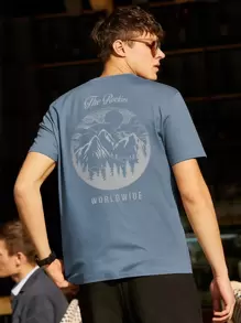 男士字母和風景印花T恤 - 霧霾藍 - 查看 1