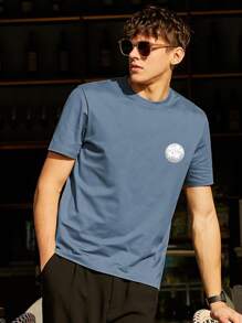 男士字母和風景印花T恤 - 霧霾藍 - 查看 3
