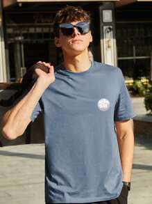 男士字母和風景印花T恤 - 霧霾藍 - 查看 4