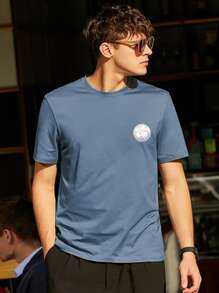 男士字母和風景印花T恤 - 霧霾藍 - 查看 5