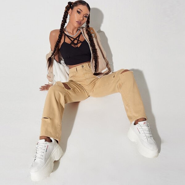 

High Waist Ripped Straight Leg Jeans, Apricot