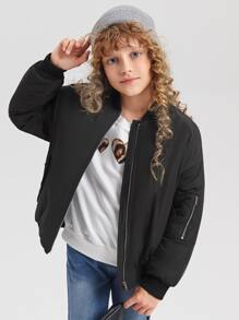 SHEIN Girls Drop Shoulder Zipper Quilted Bomber Jacket - Black - View 1