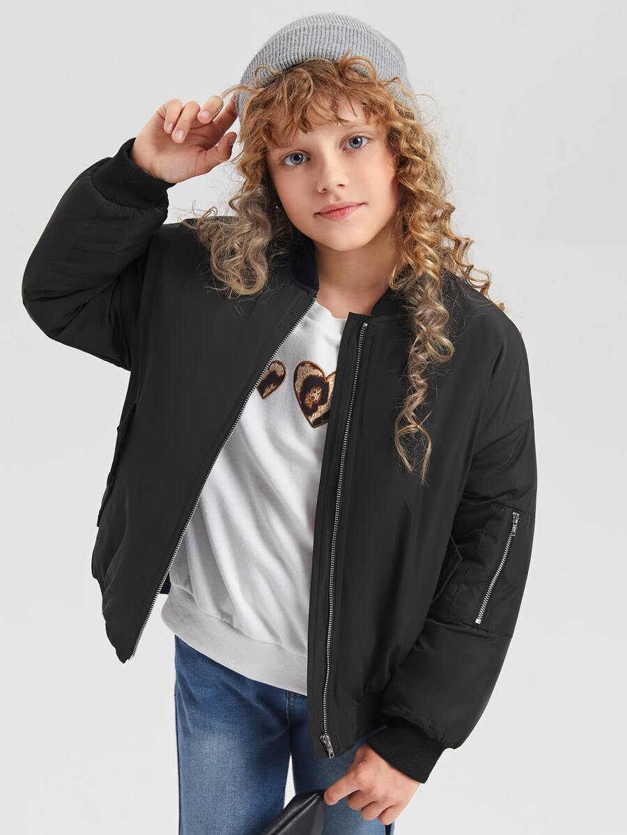 SHEIN Girls Drop Shoulder Zipper Quilted Bomber Jacket - Black - View 1