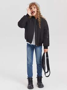 SHEIN Girls Drop Shoulder Zipper Quilted Bomber Jacket - Black - View 4