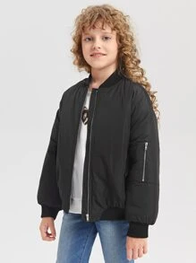 SHEIN Girls Drop Shoulder Zipper Quilted Bomber Jacket - Black - View 6
