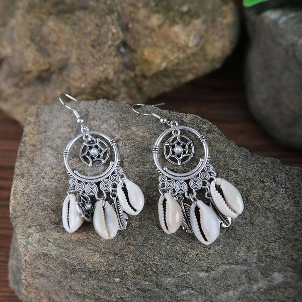 

Shell Charm Drop Earrings, Antique silver