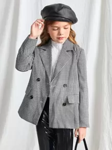 SHEIN Girls Gingham Double Breasted Coat - Black and White - View 1