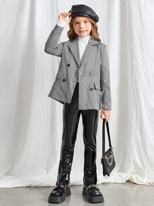 SHEIN Girls Gingham Double Breasted Coat - Black and White - View 3