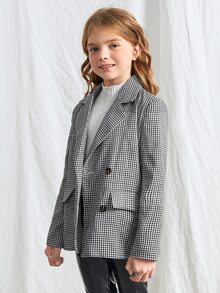 SHEIN Girls Gingham Double Breasted Coat - Black and White - View 4