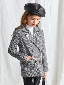 SHEIN Girls Gingham Double Breasted Coat - Black and White - View 5