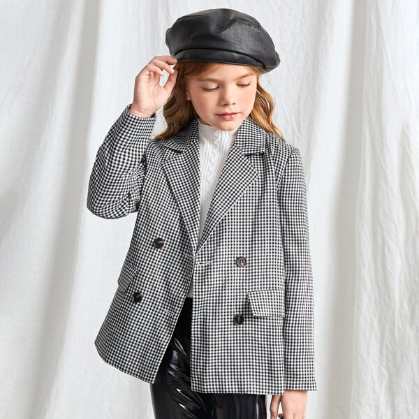 

Girls Gingham Double Breasted Coat, Black and white