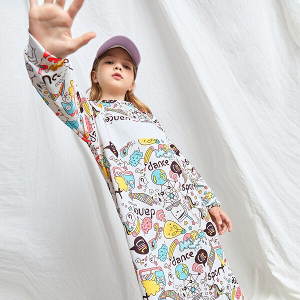 

Girls Cartoon & Letter Graphic Drop Shoulder Sweatshirt Dress, Multicolor