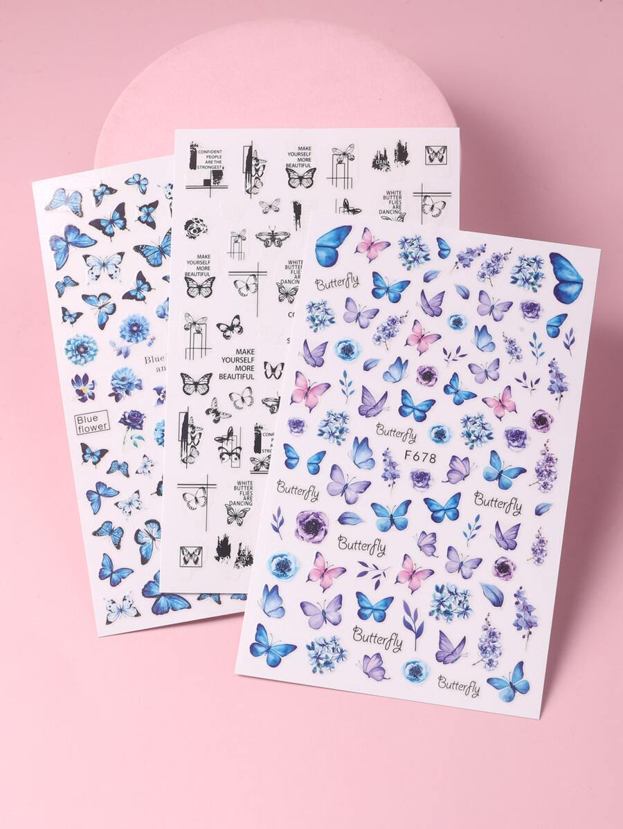 TSZS 3张蝴蝶图案美甲贴纸 Y2K风格美甲贴花 DIY美甲 - 彩色 - 查看 1