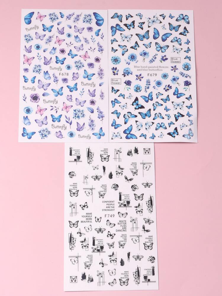 TSZS 3张蝴蝶图案美甲贴纸 Y2K风格美甲贴花 DIY美甲 - 彩色 - 查看 5