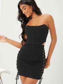 SHEIN 不對稱下擺抹胸上衣和側邊綁帶包臀半身裙 - 黑色 - 查看 2