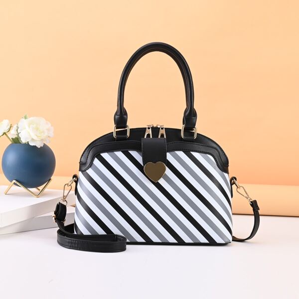 

Striped Pattern Top Handle Bag, Black
