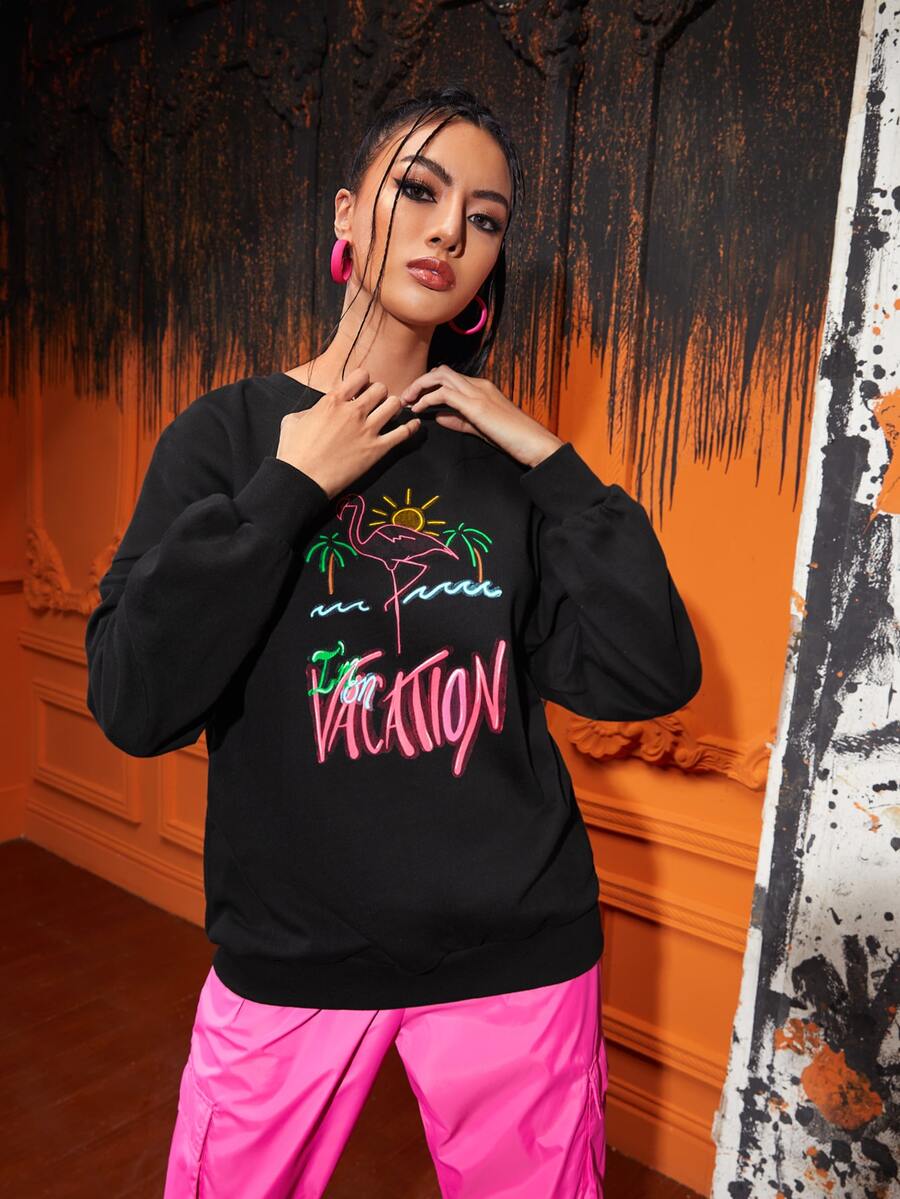 SN Pullover con letra & con estampado de flamenco - Negro - Ver 1