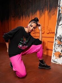 SN Pullover con letra & con estampado de flamenco - Negro - Ver 3