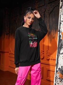 SN Pullover con letra & con estampado de flamenco - Negro - Ver 5