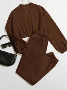SHEIN Bộ thời trang màu trơn Giải trí - Màu nâu Sô-cô-la - Xem 1