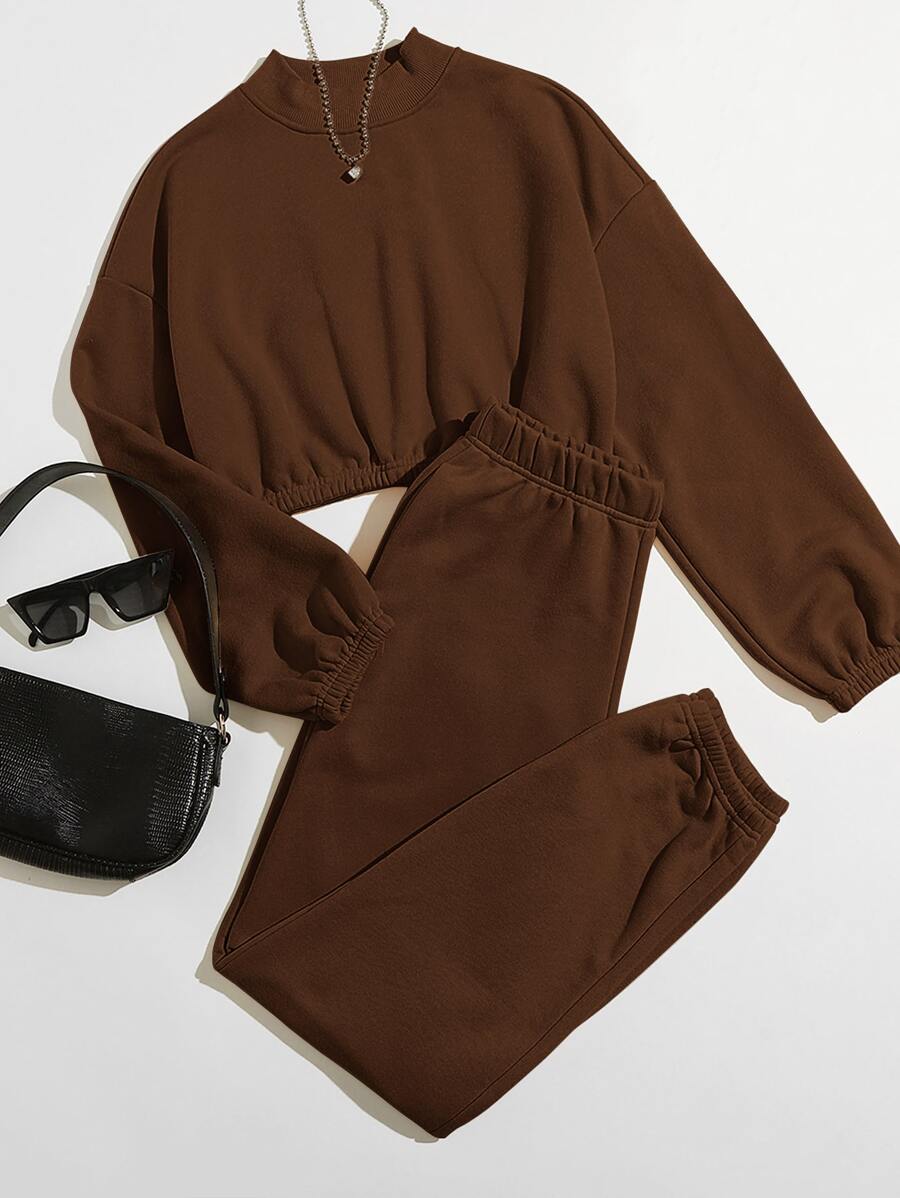 SHEIN Bộ thời trang màu trơn Giải trí - Màu nâu Sô-cô-la - Xem 1