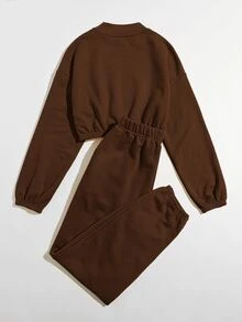 SHEIN Bộ thời trang màu trơn Giải trí - Màu nâu Sô-cô-la - Xem 2