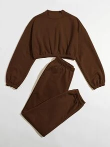 SHEIN Bộ thời trang màu trơn Giải trí - Màu nâu Sô-cô-la - Xem 3