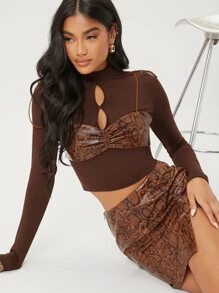SHEIN BAE Mock Neck Cut Out Slim Crop Tee With Cami Top - Brown - View 1